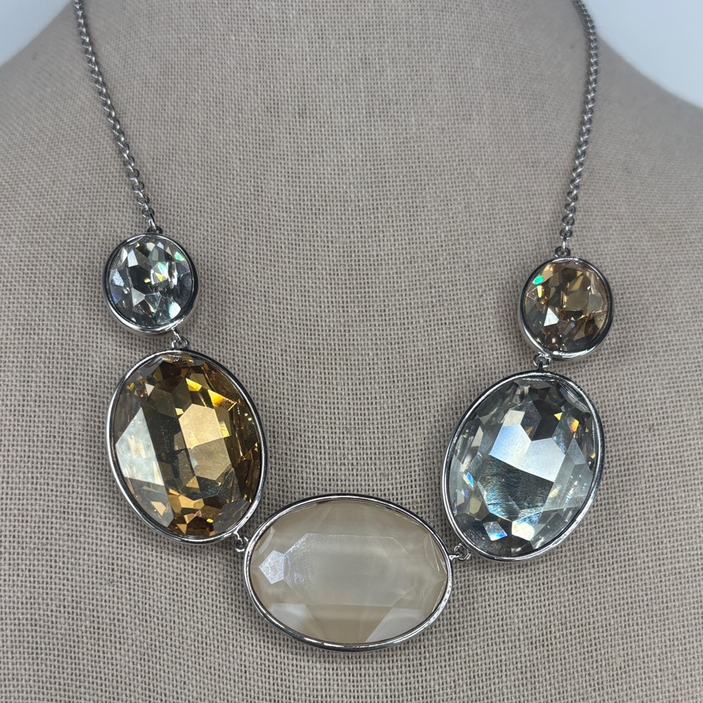 Statement Oval Multi-Stone Necklace in Gold and Clear Tones - Picture 3 of 4